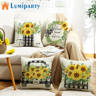 Lumiparty ปลอกหมอน ผ้าลินิน พิมพ์ลายดอกทานตะวัน 18x18 นิ้ว สําหรับตกแต่งบ้าน โซฟา 4 ชิ้น