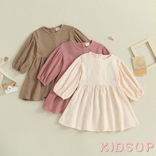 Kidsup1- ชุดเดรสคอกลม แขนยาว สีพื้น ให้ความอบอุ่น สําหรับเด็กผู้หญิง วัยหัดเดิน