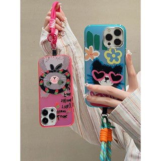 เคสโทรศัพท์มือถือ ลายการ์ตูนแมว พร้อมสายคล้องสั้น สไตล์เกาหลี สําหรับ Iphone 15pro 14 12promax 13