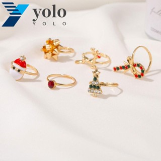 Yolo แหวน ลายการ์ตูนซานต้า น่ารัก หรูหรา เครื่องประดับต้นคริสต์มาส สําหรับผู้หญิง 6 ชิ้น ต่อชุด