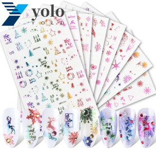 Yolo สติกเกอร์ติดเล็บ ลายกวาง กวาง กวาง กวาง เอลก์ เกล็ดหิมะ ตัวอักษรภาษาอังกฤษ แฟชั่น สําหรับตกแต่งเล็บ คริสต์มาส