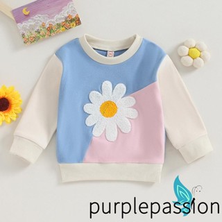 Purplepassion เสื้อกันหนาวแขนยาว คอกลม ลายดอกไม้ สีตัดกัน ให้ความอบอุ่น แฟชั่นฤดูหนาว สําหรับเด็กผู้หญิง