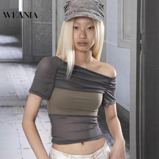 Weania เสื้อยืดแขนสั้น เปิดไหล่ ผ้าตาข่าย ลําลอง สําหรับผู้หญิง