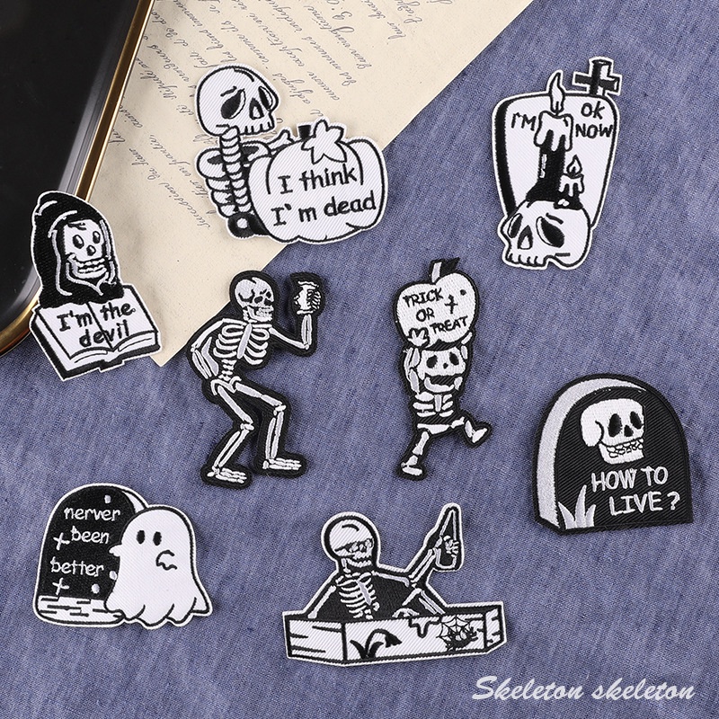 Pro Patch Store Skeleton Ghost Head Series DIY แพทช์เย็บปักถักร้อยสําหรับสติกเกอร์เย็บปักถักร้อยแพทช์สําหรับเสื้อผ้าป้ายสติกเกอร์