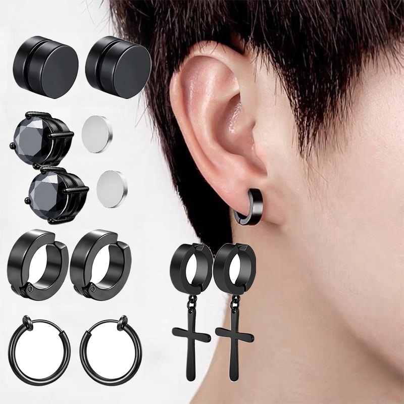 2 ชิ้นสแตนเลส Non-Piercing Magnetic Stud ต่างหู Unisex CZ แม่เหล็กหูปิดคลิปผู้หญิงผู้ชาย Punk Hip Hop ต่างหูชุด
