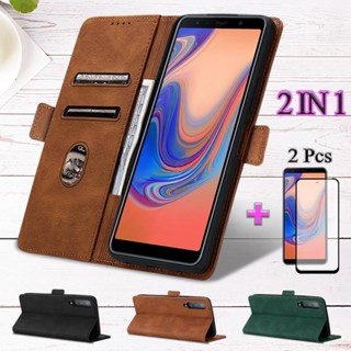 2 IN 1 เคสโทรศัพท์หนัง เรียบง่าย พร้อมตัวป้องกันหน้าจอเซรามิค สําหรับ Samsung Galaxy A7 2018