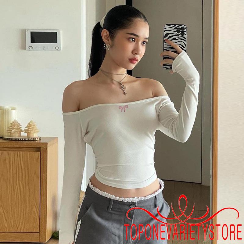 Topone-ผู้หญิงinsสาวร้อนปิดไหล่แขนยาวback Cutout Bowรูปแบบสีทึบเสื้อยืดบาง