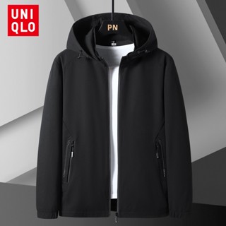 Uniqlo M-5XL เสื้อแจ็กเก็ต แขนยาว มีฮู้ด กันน้ํา กันลม ถอดออกได้ สําหรับผู้ชาย