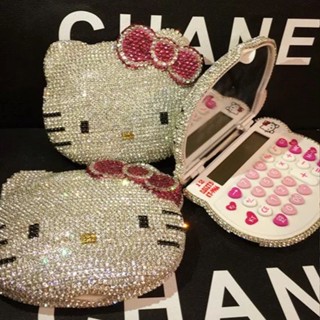 (($ยอดนิยม $) Sticky Diamond KT เครื่องคิดเลข เพชร พลอยเทียม hello kitty กระจก hello kitty Cat Computer 12