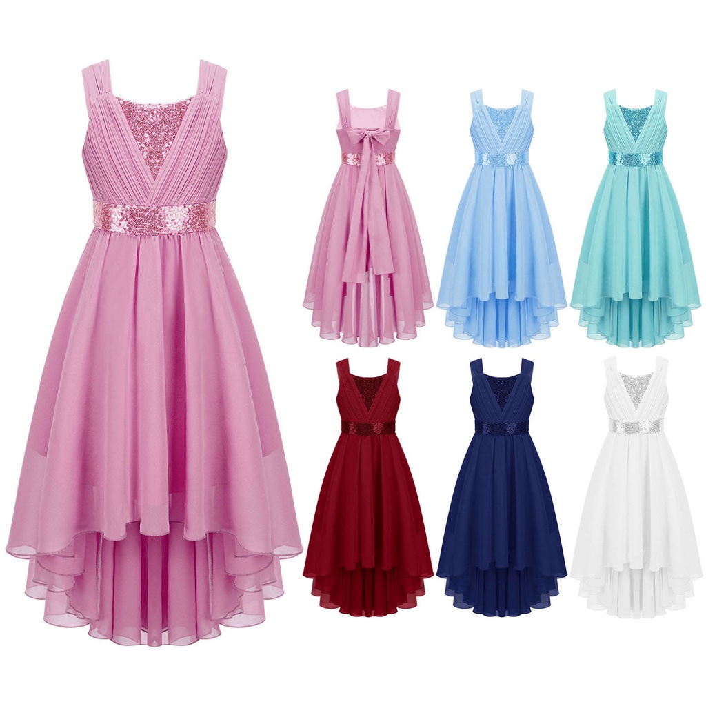 เด็กผู้หญิงเลื่อมเงา Ruched Party Dress แขนกุดสูง-ต่ํา Hem Grace ชุดชีฟองสําหรับค็อกเทลวันเกิด