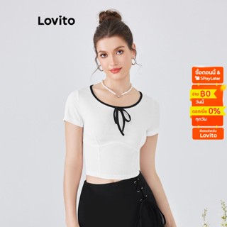 Lovito เสื้อยืด แต่งเทป แต่งโบ สำหรับผู้หญิง รุ่น L54ED023 (สีขาว)