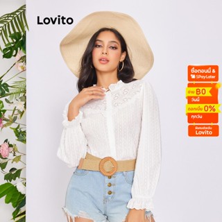 Lovito เสื้อเบลาส์ลำลองดิทซีฟลอรัล คอระบาย แขนบิช็อป สำหรับสตรี LBE02061 (สีขาว)