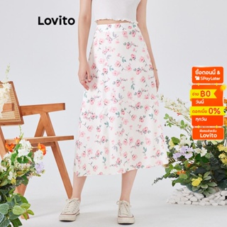 Lovito กระโปรง ซิปหลัง ลายดอกไม้ สไตล์โบโฮ สำหรับผู้หญิง L54ED084 (สีขาว)