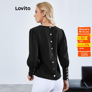 Lovito เสื้อเบลาส์ คอกลม กระดุมติด สีพื้น สไตล์สง่า สำหรับผู้หญิง LBE01060 (สีดำ)