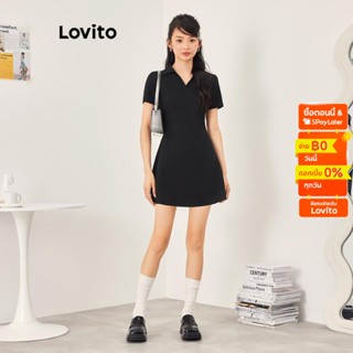 Lovito ชุดมินิเดรสลำลอง แขนสั้น คอวี คอปก ทรงบาน สีพื้น สำหรับผู้หญิง L53AD035 (สีดำ)