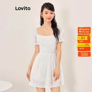 Lovito ชุดมินิเดรส แขนสั้น ทรงเอ คอแต่งระบาย ปักตาไก่ สไตล์ลำลอง สีพื้น  สำหรับผู้หญิง L53AD046 (สีขาว)