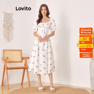 Lovito ชุดเดรสลำลอง แขนพอง ลายดอกไม้เล็กๆ ผูกเชือก สำหรับผู้หญิง L56ED111 (สีเหลืองอ่อน)