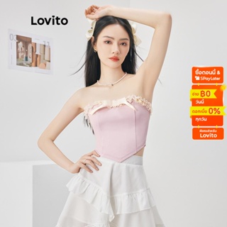 Lovito เสื้อกล้ามลำลิง สีพื้น แต่งลูกไม้ คัลเลอร์บลอค สำหรับสตรีL52AD017 (ชมพู/สีดำ)