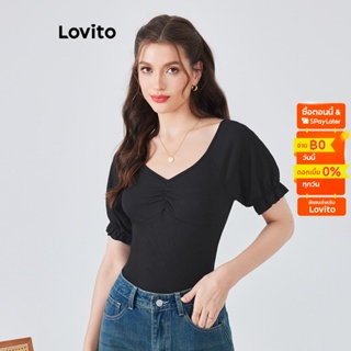 Lovito บอดี้สูทลำลอง สีพื้น จีบร่น แขนพอง สำหรับสตรี L54ED066 (ดำ)