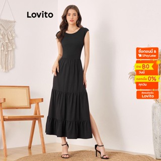 Lovito ชุดเดรสลำลอง ผ่าด้านหน้า สีพื้น เลเยอร์หลายชั้น เว้าหลัง สำหรับผู้หญิง L56ED114 (สีดำ)