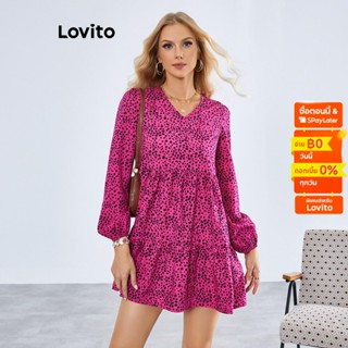 Lovito ชุดเดรส คอวี ชายระบาย แต่งเป็นชั้น ลายเสือดาว สไตล์ลำลอง สำหรับผู้หญิง LBE01054 (สีฮอตพิงค์)