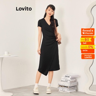 Lovito ชุดเดรสลำลอง แบบจับจีบ สีพื้น กระชับเอว แต่งชายไม่เท่ากัน สำหรับผู้หญิง L53AD043 (สีดำ)