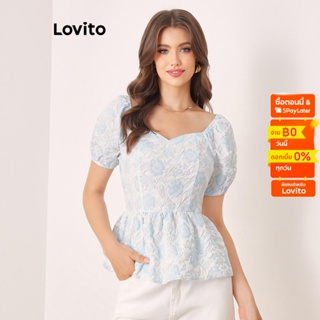 Lovito เสื้อเบลาส์ลายดอกไม้ มีระบาย สไตล์โบโฮ สำหรับผู้หญิง L56ED026 (สีฟ้า)