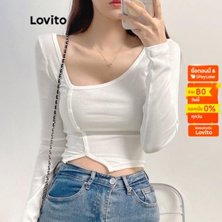 Lovito เสื้อยืดลำลองสีพื้น ทรงอสมมาตร ทรงแยก สำหรับสตรี L54ED033 (ขาว)