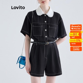 Lovito ชุดเสื้อลำลอง แขนสั้น คอปก แต่งกระดุม สีพื้น กางเกงขาสั้น เอวสูง ขากว้าง สำหรับผู้หญิง L53AD051 (เสื้อ/กางเกง)