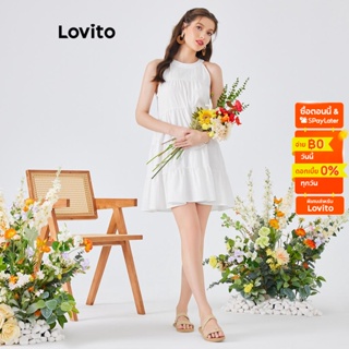 Lovito เดรสโบโฮ สีพื้น แต่งจีบร่น ป็อปโอเวอร์ สำหรับสตรี L54ED090 (ขาว)