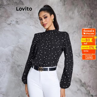 Lovito เสื้อเบลาส์หรูหรา ลายจุด แต่งระบาย ทรงหยดน้ำ สำหรับสตรี LBE02035 (สีดำ)