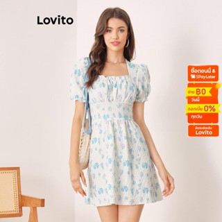 Lovito ชุดเดรสลำลอง แขนพอง ชายระบาย ลายดอกไม้เล็ก ระบาย จับจีบ สำหรับผู้หญิง L56ED116 (สีนำ้เงินอ่อน)
