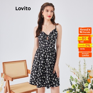 Lovito ชุดเดรส สายผูกด้านหน้า ลายดอกไม้ สไตล์โบโฮ สำหรับผู้หญิง L54ED097 (สีดำ)