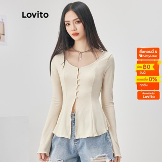 Lovito เสื้อยืดลำลอง สีพื้น คอร์เซ็ทด้านหน้า สำหรับสตรีL52AD153 (แอพริคอท)