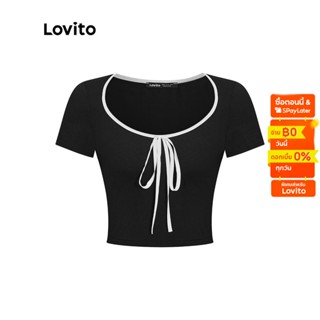 Lovito เสื้อยืด แต่งสายผูกด้านหน้า ขอบสีตัดกัน สีพื้น สไตล์น่ารัก สำหรับผู้หญิง L55AD047 (สีดำ)