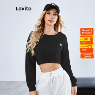 Lovito เสื้อยืด ปักลายตัวอักษร สไตล์ลำลอง สำหรับผู้หญิง LBE01103 (สีดำ)