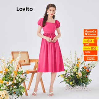 Lovito เดรสบอลกาวน์ แขนพอง จีบย่น สไตล์โบโฮ สีพื้น สำหรับผู้หญิง L54ED091 (Hot Pink)