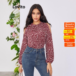 Lovito เสื้อเบลาส์ลำลอง ลายดอกไม้ เปิดไหล่ สำหรับสตรี LBE02095 (เบอกันดี)