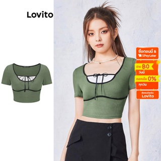 Lovito เสื้อยืด บล็อกสี เชือกผูก สีพื้น สไตล์ลำลอง สำหรับผู้หญิง L55AD040 (สีเขียว)