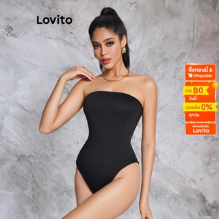 Lovito บอดี้สูทลำลอง สีพื้น เบสิก สำหรับสตรี LBE02101 (สีดำ)