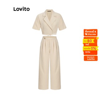 Lovito ชุดเสื้อครอปลำลอง แขนสั้น คอปก ผูกด้านหลัง มีกระดุม สีพื้น กางเกงขายาว เอวสูง สำหรับผู้หญิง L53AD054 (เสื้อ/กางเกง)