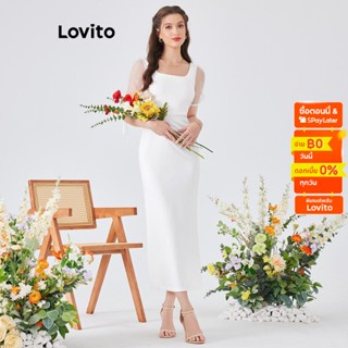 Lovito เดรส แต่งโบ ผ้าตาข่าย สำหรับผู้หญิง L54ED130 (สีขาว)