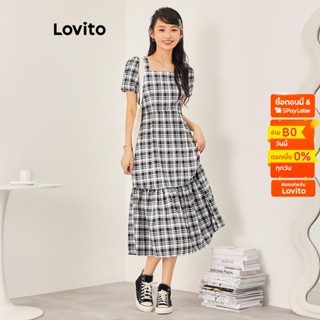 Lovito ชุดมิดี้เดรสลำลอง แขนสั้น ทรงเอ ลายสก๊อต แต่งระบาย สำหรับผู้หญิง L53AD048 (สีดำ และสีขาว)