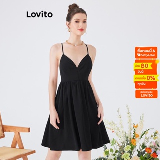 Lovito เดรสปาร์ตี้ สีพื้น หูรูด แต่งจีบร่น ซิปหลัง สำหรับสตรี  L54ED111 (สีดำ)