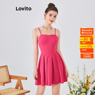 Lovito เดรสปาร์ตี้ สีพื้น แต่งพลีท สำหรับสตรี  L54ED112 (ฮอตพิงค์/สีดำ)