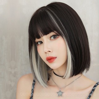 [0727]YWQJ-JF Wig Womens Short Hair Net Red Ear Dyed Full-Head Wig Collarbone Length Haircut round Face Straight Bangs Bobhaircut Inner Buckle Full Top Hair Cover BMCI