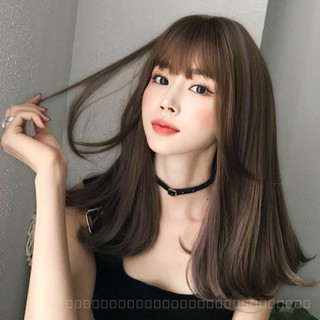 [0727]YWQJ-JF Japanese and Korean New Wig Womens Long Hair Gradient Highlight Collarbone Length Haircut Air Bangs Whole Top Set Net Red Full-Head Wig MTYV