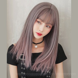 [0727]YWQJ-JF Wig Female Long Hair Natural Gradient Gray Pink Full-Head Wig Fluffy Bangs Full Top Wig Sheath J2IX