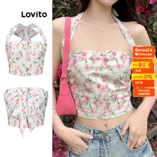 Lovito เสื้อกล้าม โบว์ด้านหน้า สม็อค ลายดอกไม้เล็กๆ โบโฮ สำหรับผู้หญิง L56ED008 (หลากสี)