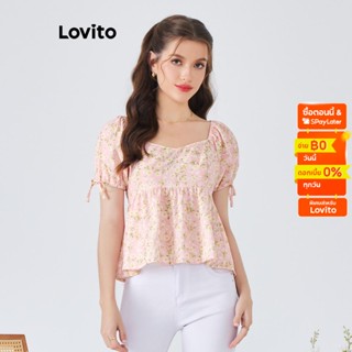 Lovito เสื้อเบลาส์แขนพัฟ ประดับโบ ลายดอกไม้น่ารัก สําหรับผู้หญิง L54ED020 (สีชมพู)